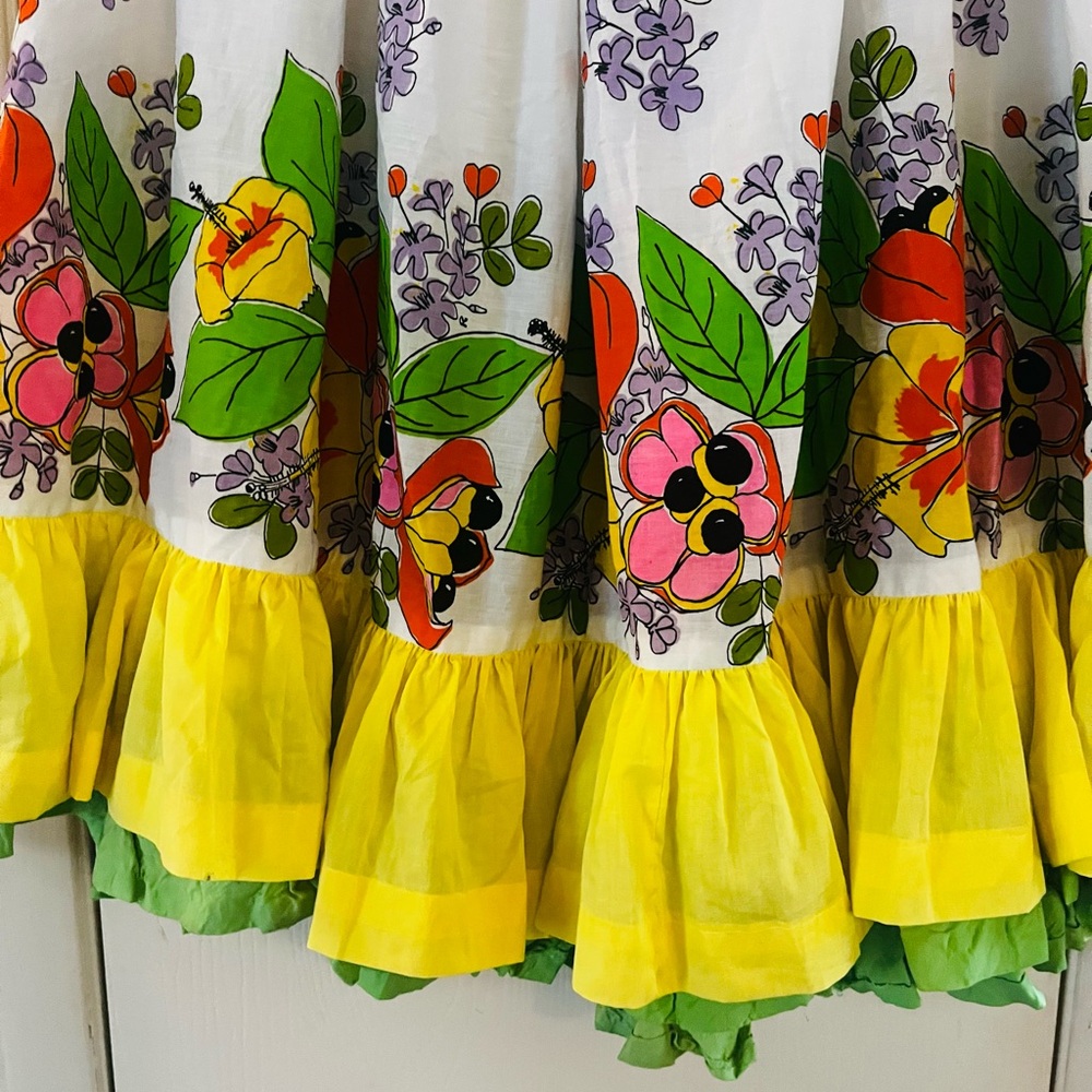 SOLD💔60s Handmade Ruffle Prairie Peasant Cotton Twirl Dancing Midi Skirt L - Picture 2 of 9